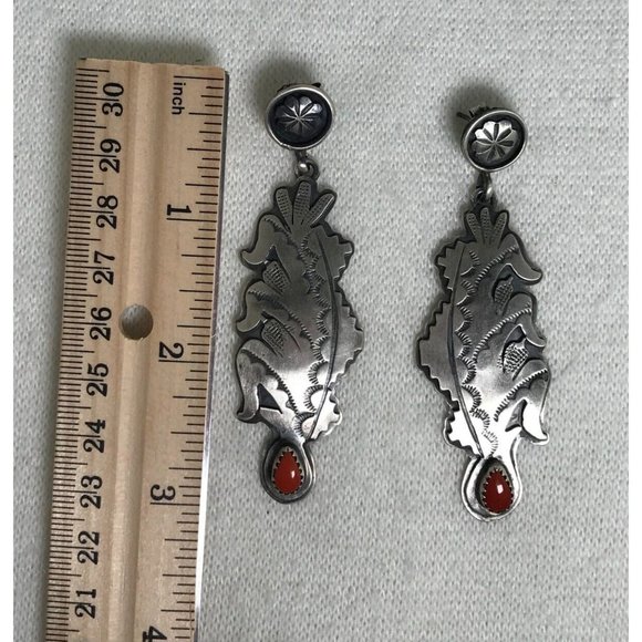 Sterling Silver Stamped Corn Husks & Coral Dangle Earrings - Signed - 3" - Picture 6 of 6